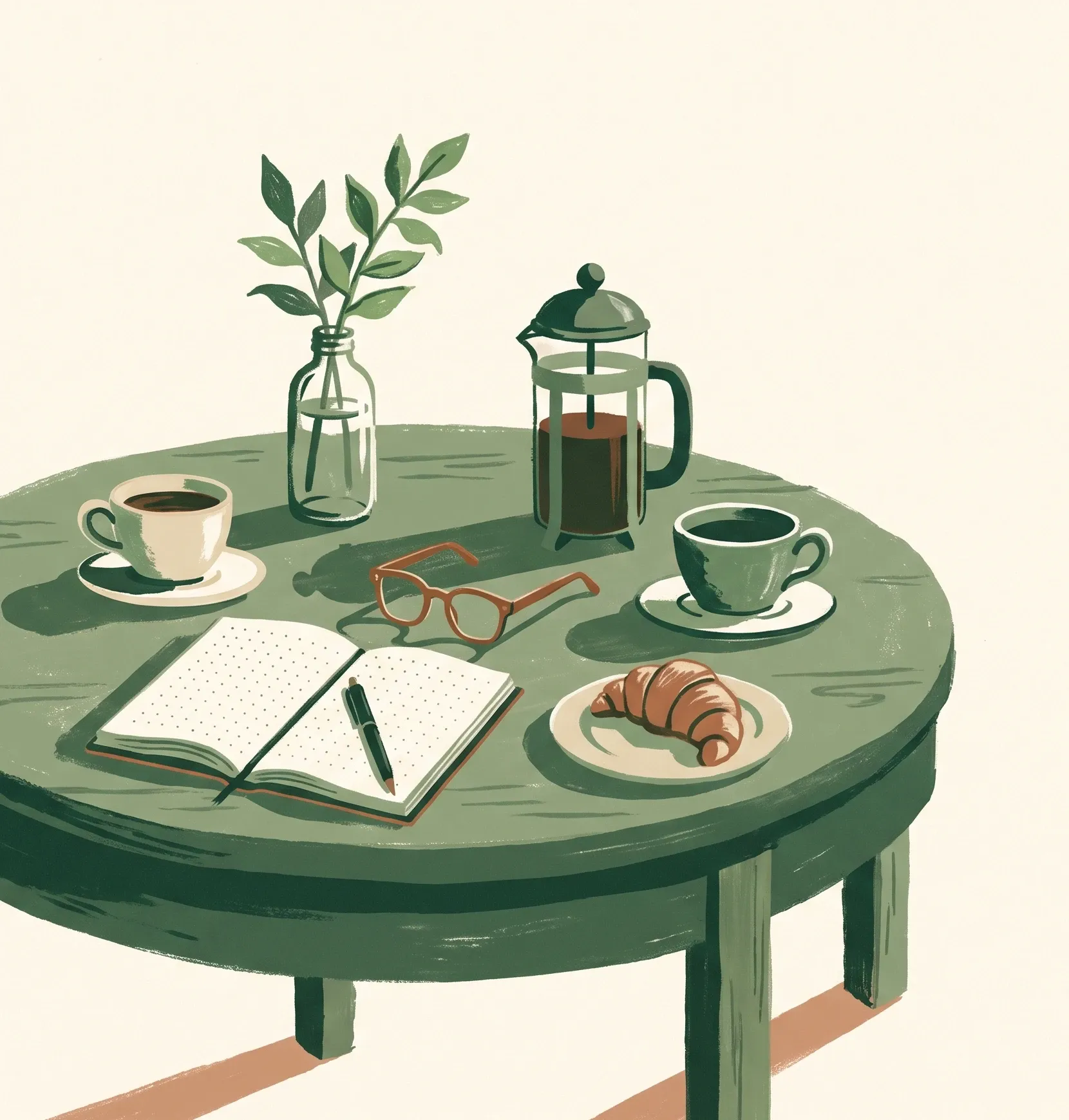 Hand-printed illustration of a café table set for a morning conversation: two coffees, a French press, an open notebook, and a croissant